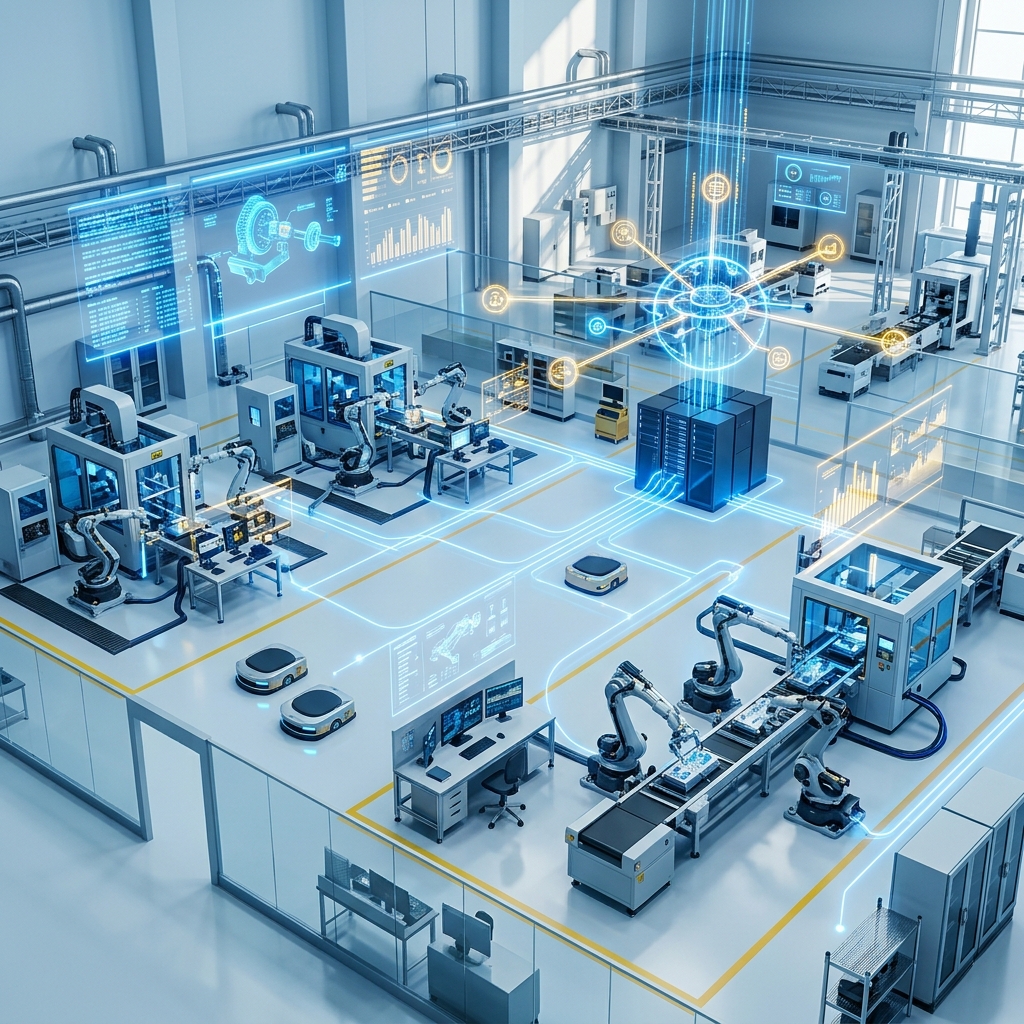 Smart factory floor with AI data overlays — Digital Factory SEO 2026
