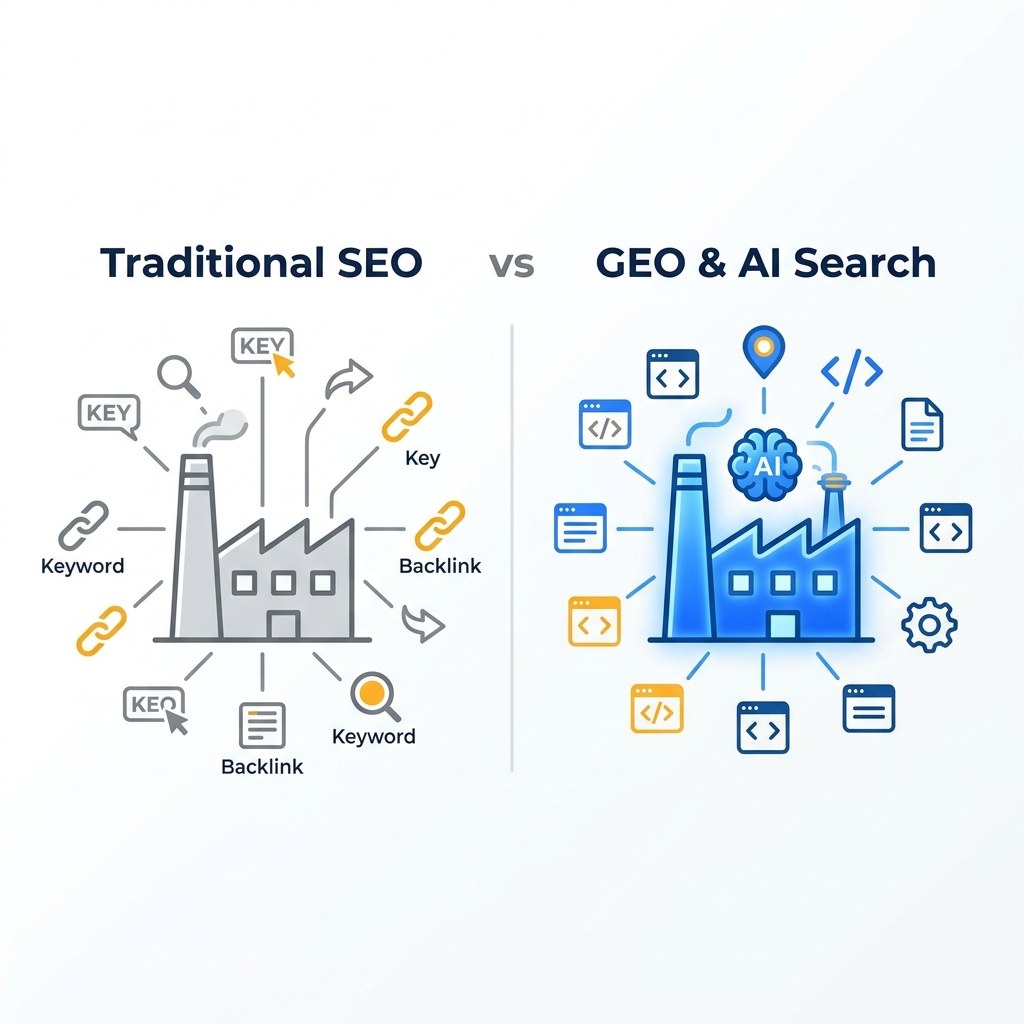 Infographic: Traditional SEO vs GEO and AI Search for Manufacturers 2026