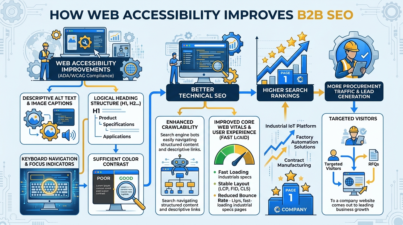 Flow diagram showing how web accessibility improvements lead to better technical SEO, higher search rankings, and more procurement traffic for B2B websites