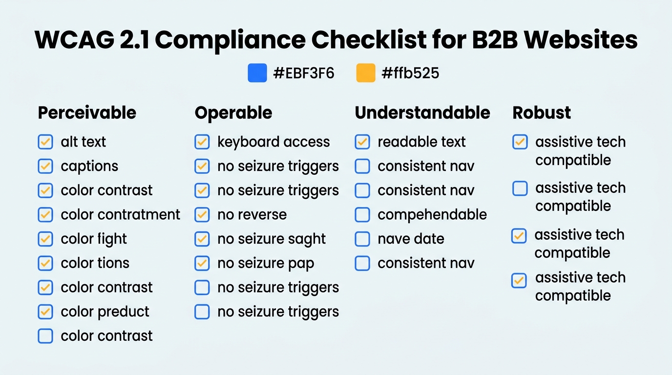WCAG 2.1 compliance checklist for B2B websites showing four categories: Perceivable, Operable, Understandable, and Robust with specific items under each