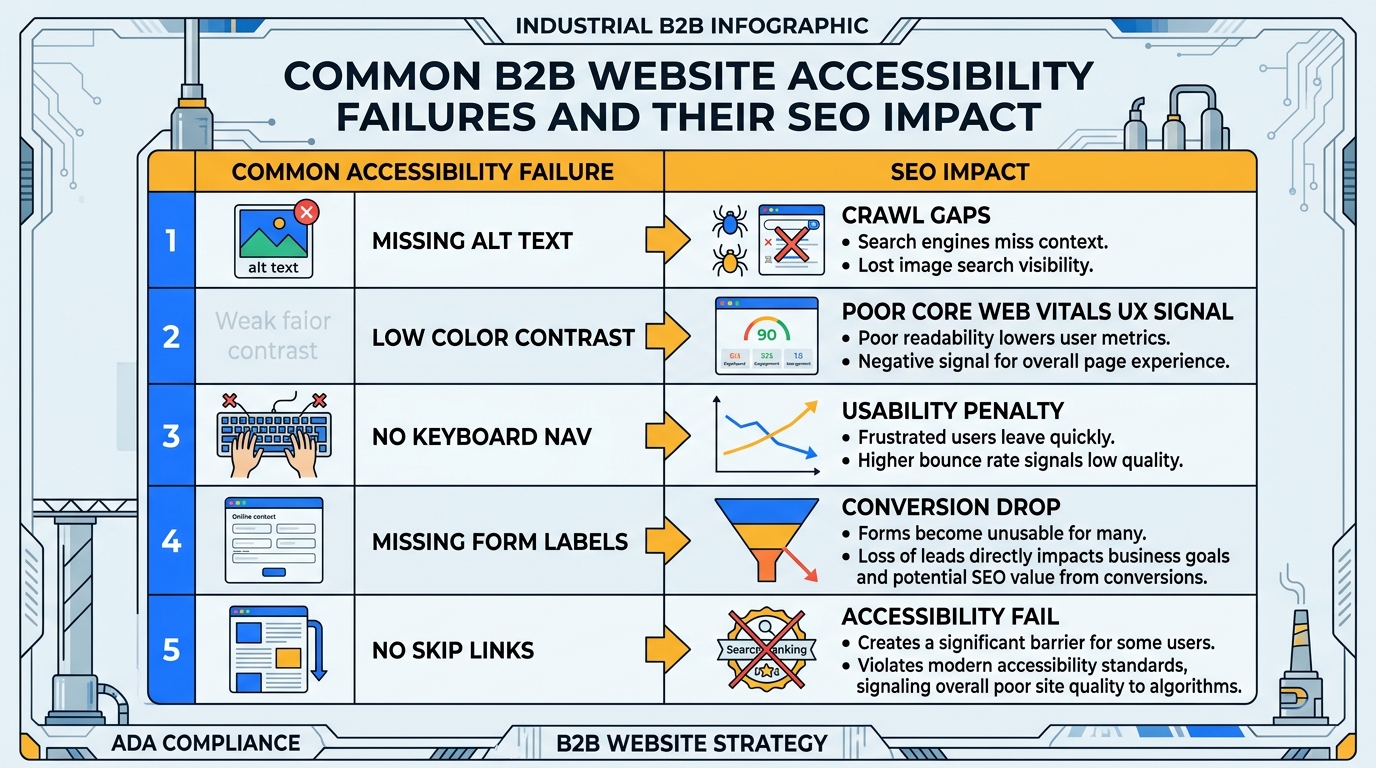 Table showing five common B2B website accessibility failures and their SEO impact: missing alt text, low color contrast, no keyboard nav, missing form labels, no skip links