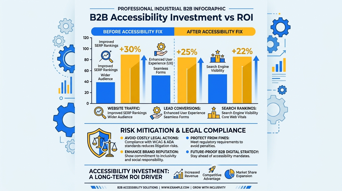 Bar chart comparing B2B website performance metrics before and after accessibility fixes, showing improvements in traffic, conversions, and search rankings, plus risk mitigation benefits