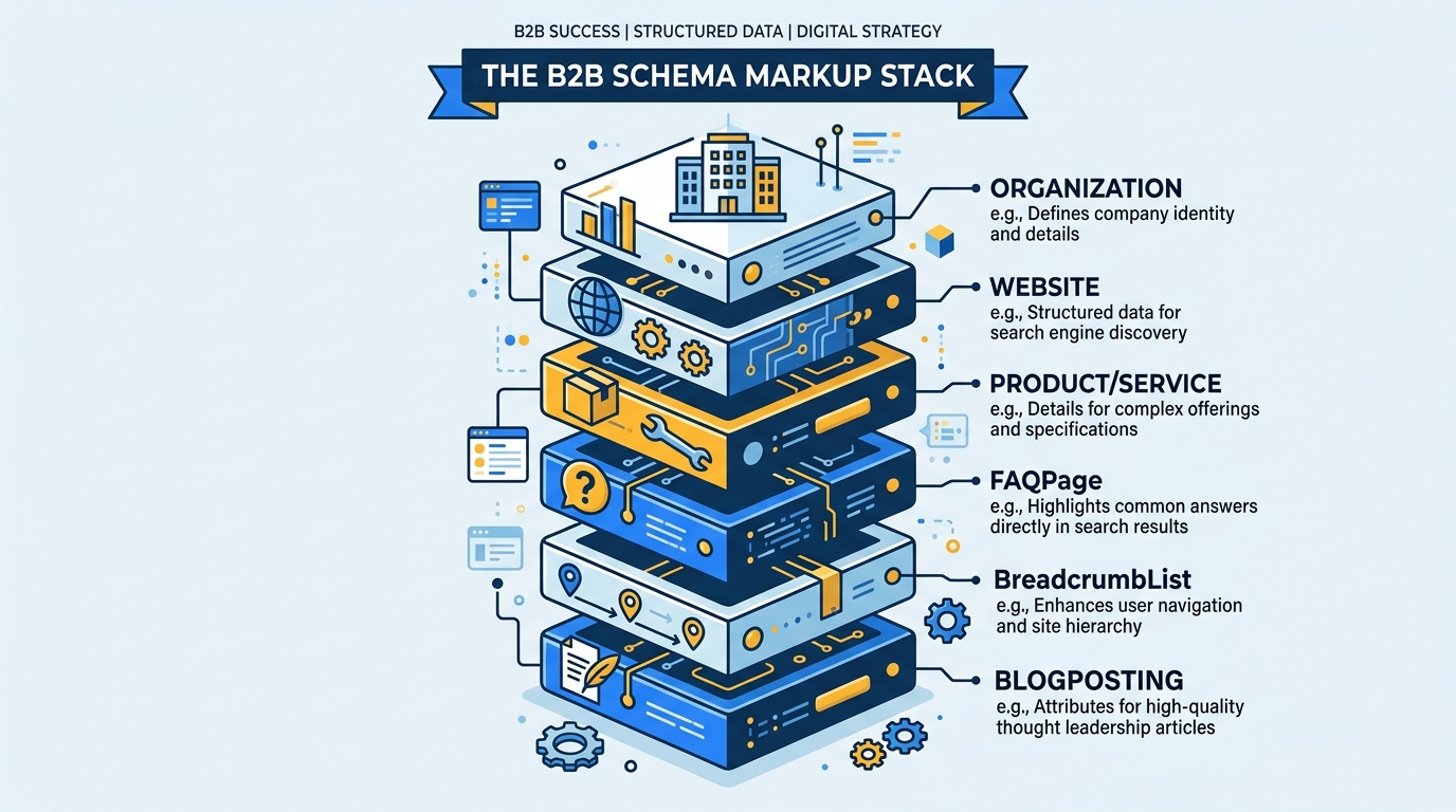 The B2B schema markup stack showing six schema types: Organisation, WebSite, Product/Service, FAQPage, BreadcrumbList, and BlogPosting