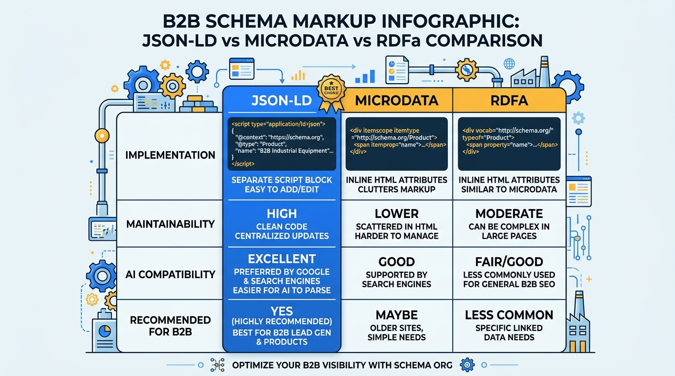 Comparison of JSON-LD vs Microdata vs RDFa schema markup formats, showing JSON-LD as the recommended choice for B2B websites