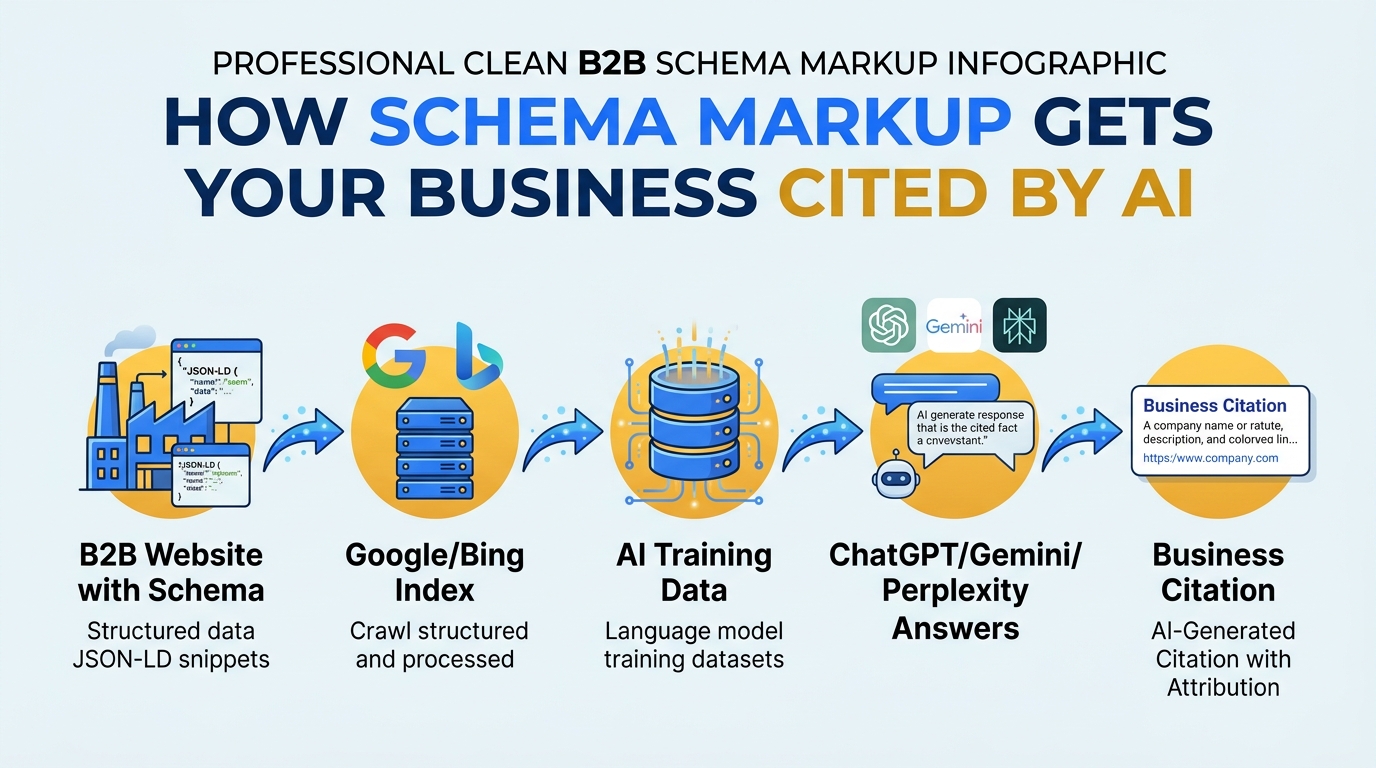 Flow diagram showing how schema markup gets a B2B business cited by AI: from B2B website with schema, through Google/Bing index and AI training data, to ChatGPT/Gemini answers and business citation