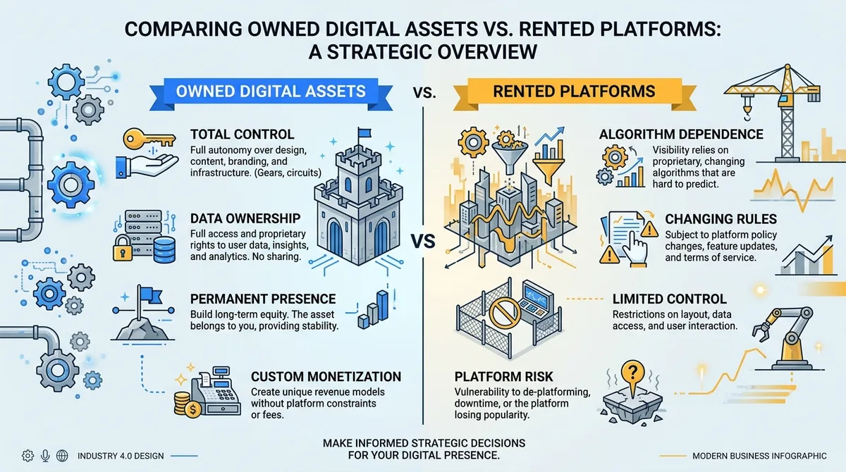 Comparison of Owned Digital Assets vs Rented Platforms showing control and data ownership differences