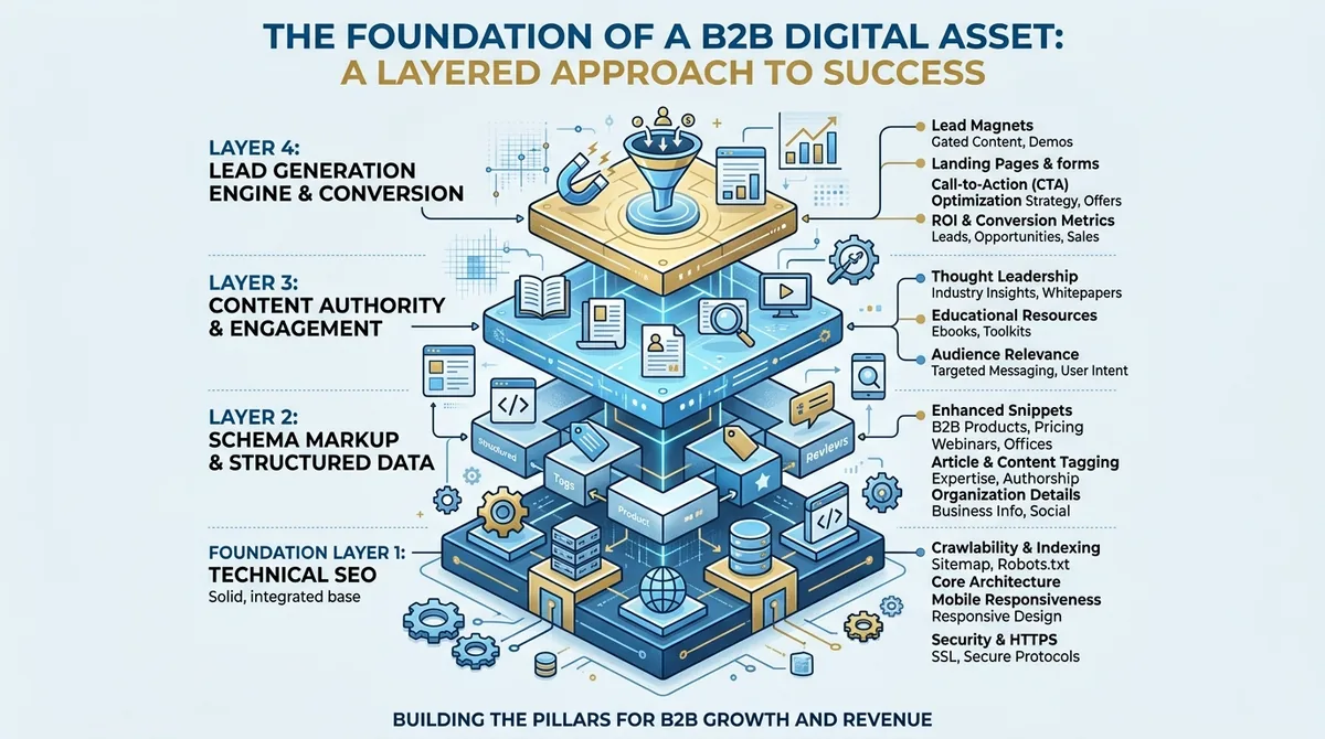 Structural diagram showing the layers of a B2B digital asset including Technical SEO and Schema Markup