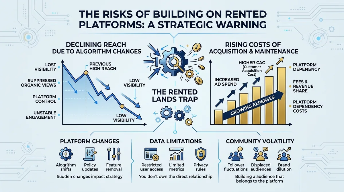 Graph showing the risks of declining reach and rising costs on rented platforms