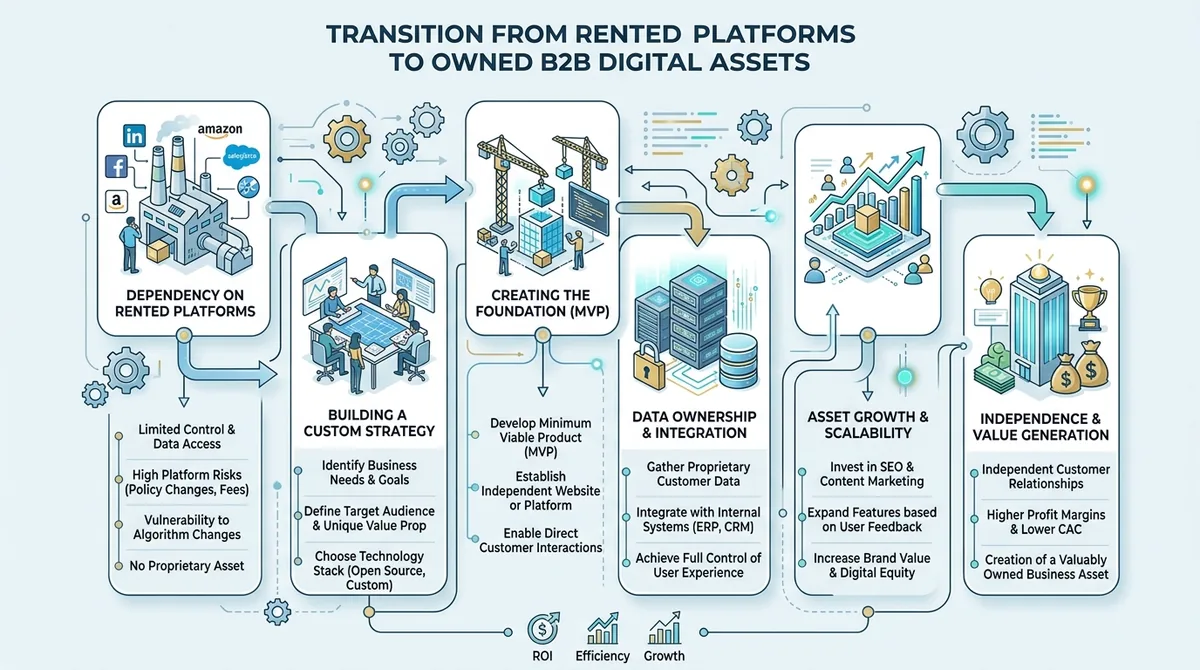 Process flow diagram showing the transition from rented platforms to owned digital assets