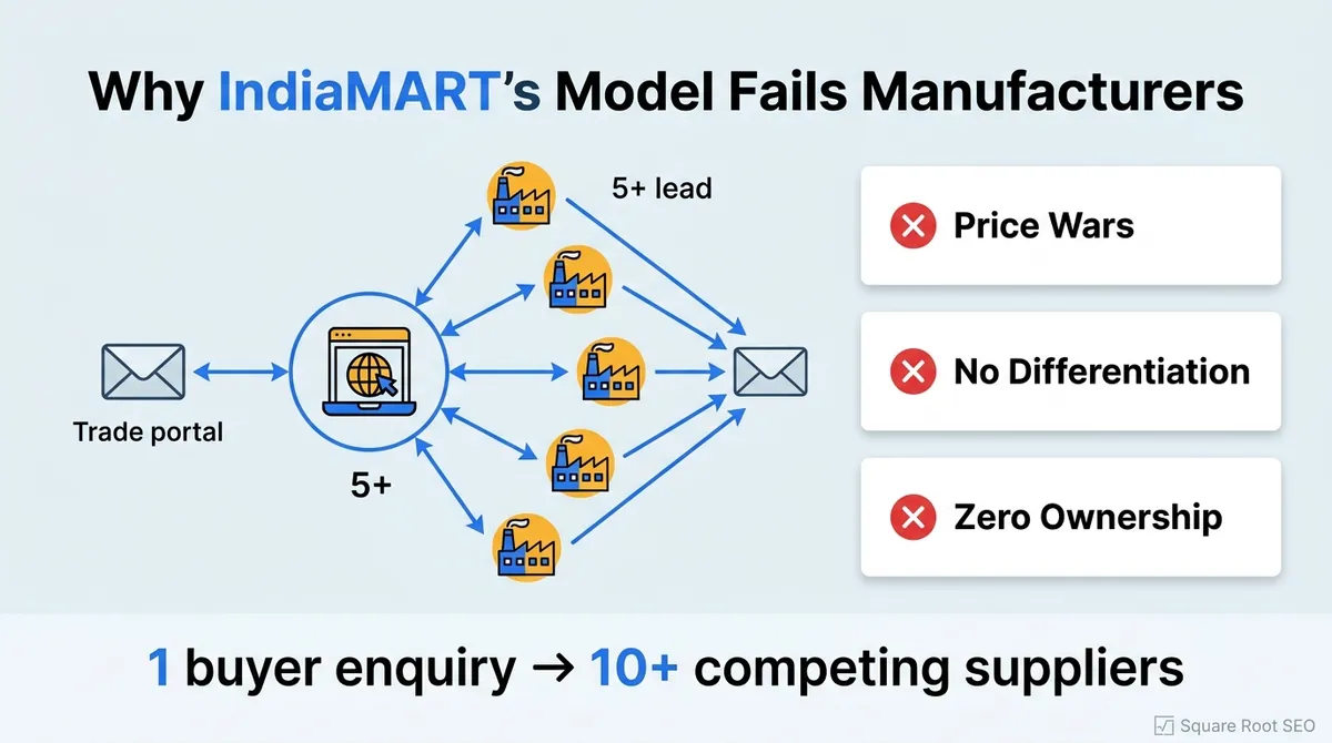 Diagram showing how IndiaMART distributes a single buyer enquiry to 10 or more competing manufacturers simultaneously