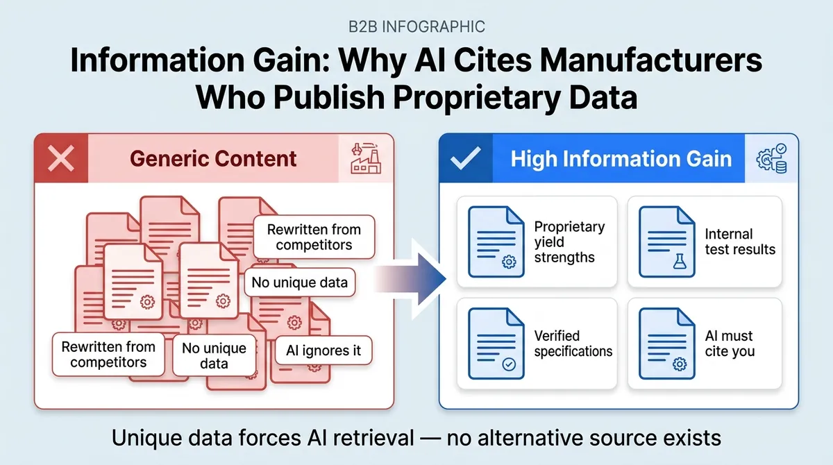 Comparison showing generic rewritten content that AI ignores versus high information gain proprietary data that forces AI search citation