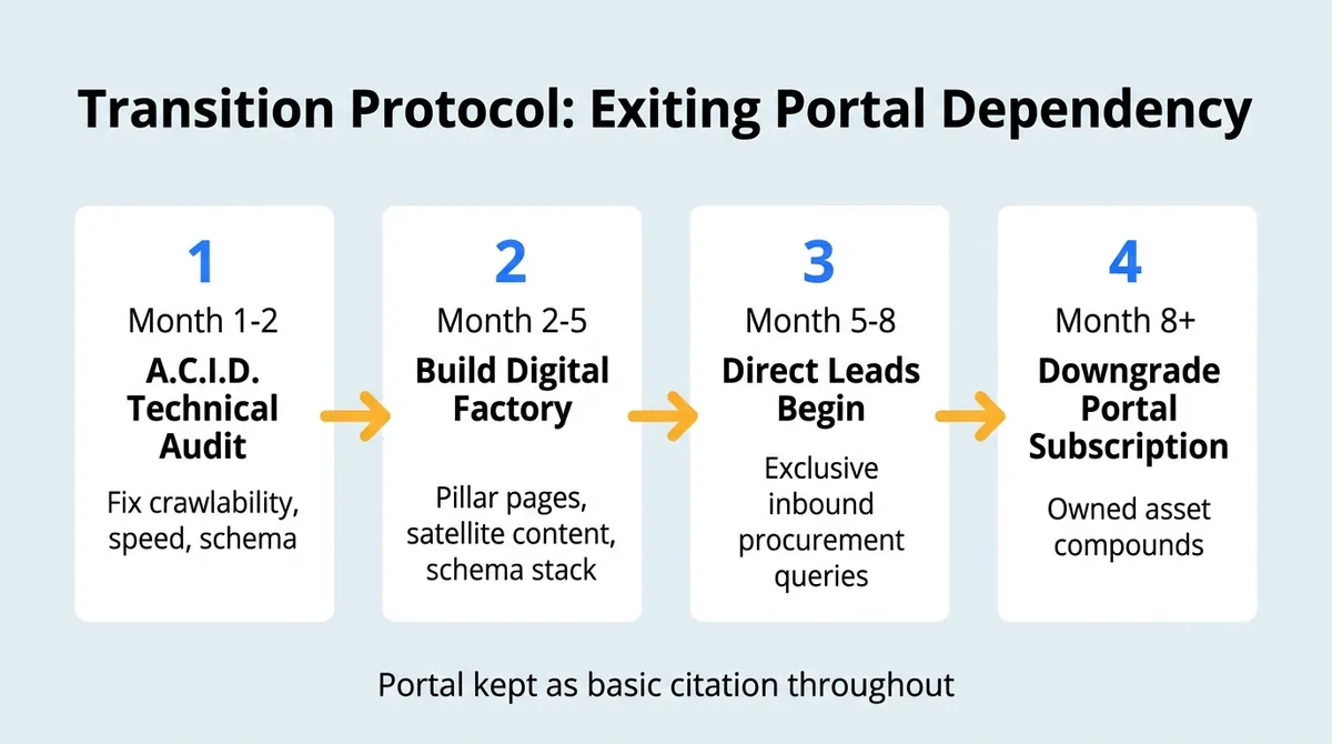Timeline showing the 4-phase transition from IndiaMART dependency to an owned B2B digital factory over 8 to 12 months