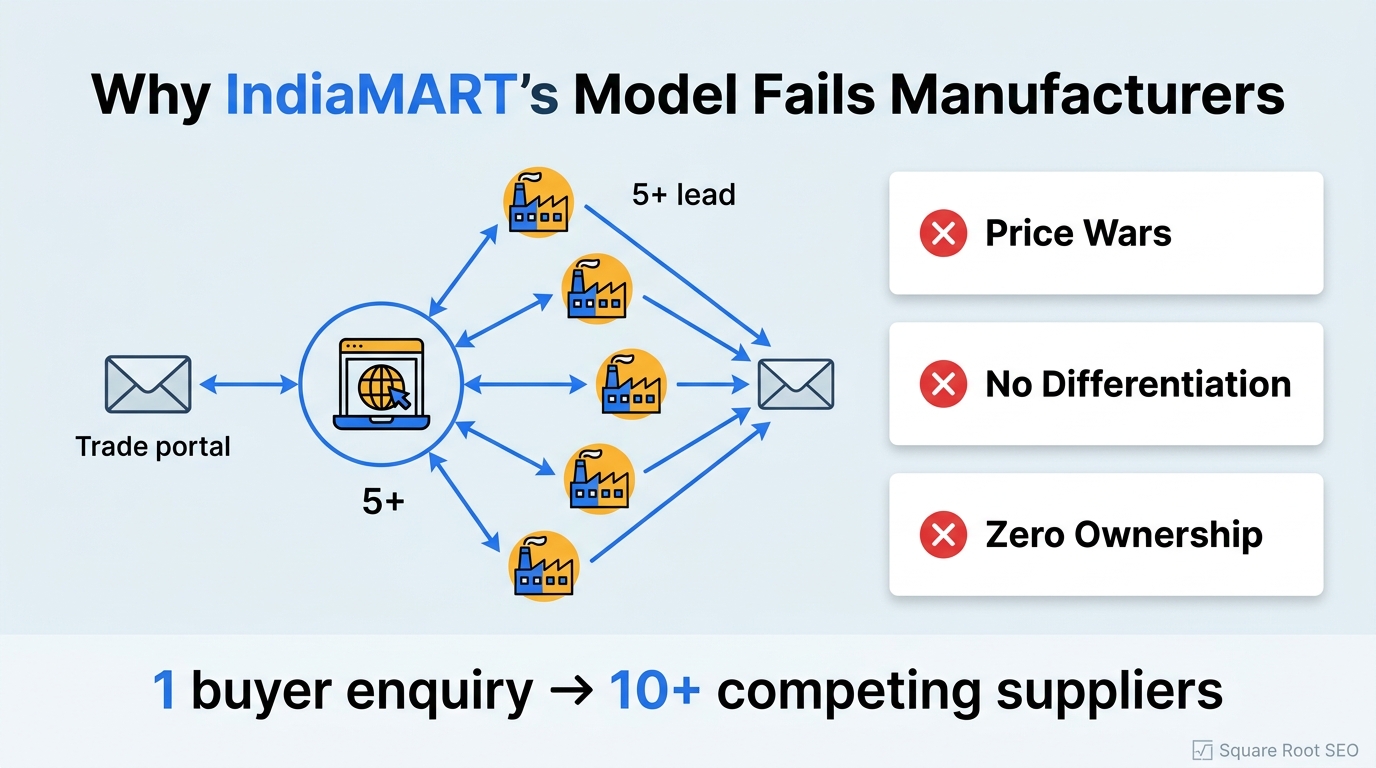 Diagram showing how IndiaMART distributes a single buyer enquiry to 10+ competing manufacturers, causing price wars and zero ownership