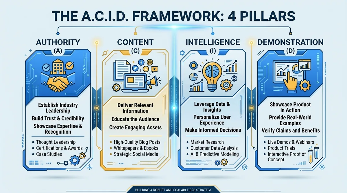 Infographic detailing the four pillars of the A.C.I.D. Framework: Authority, Content, Intelligence, and Demonstration
