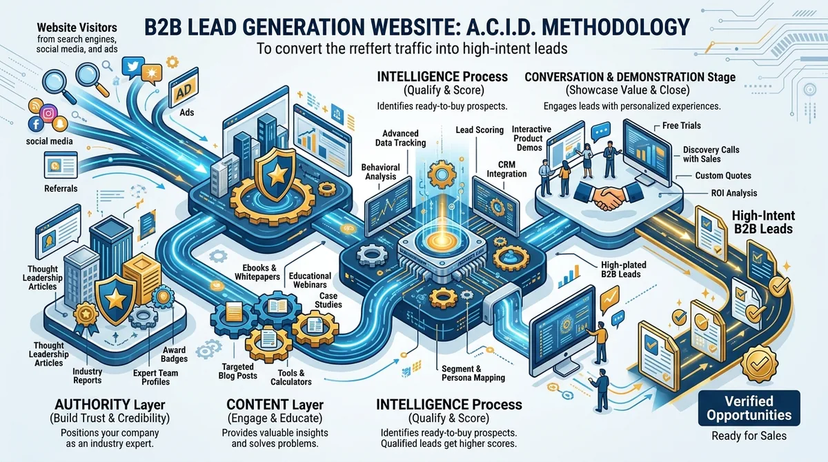 Diagram showing traffic converting into high-intent leads via the A.C.I.D methodology
