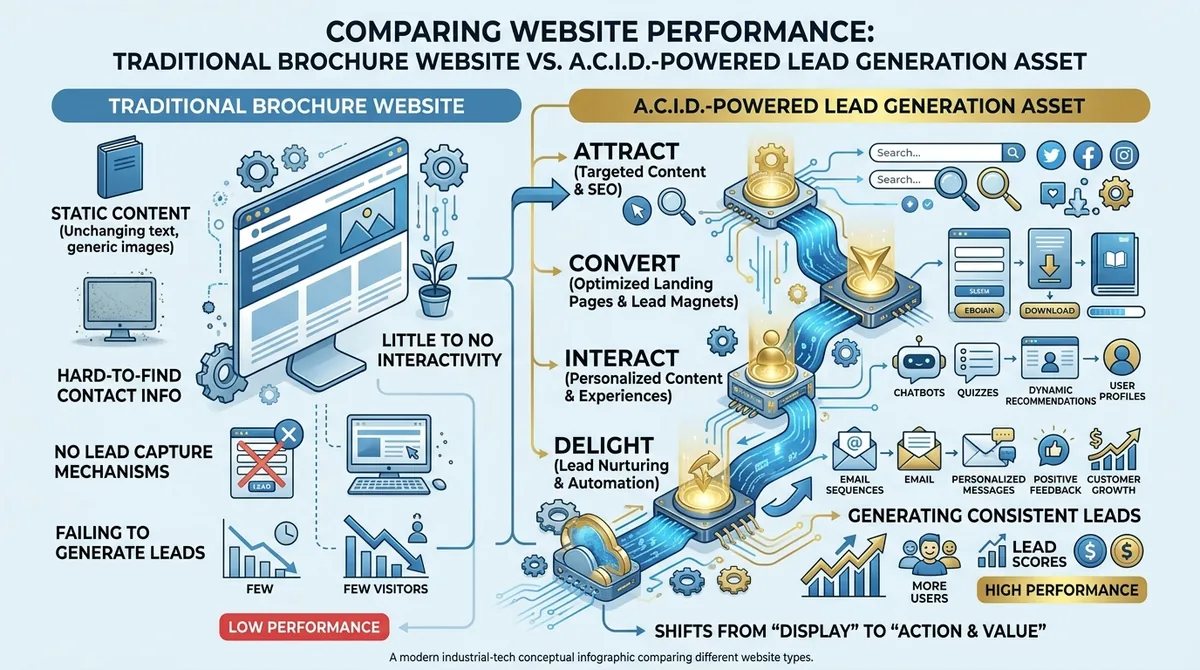 Comparison showing a traditional brochure website failing next to a successful A.C.I.D. powered lead generation asset