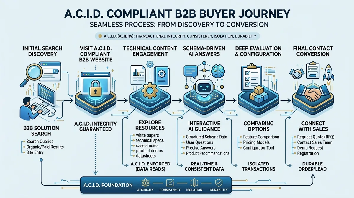 Process flow diagram illustrating the B2B buyer journey on an A.C.I.D. compliant website