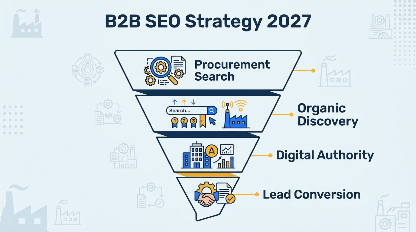 B2B SEO procurement funnel showing four stages: Procurement Search, Organic Discovery, Digital Authority, and Lead Conversion