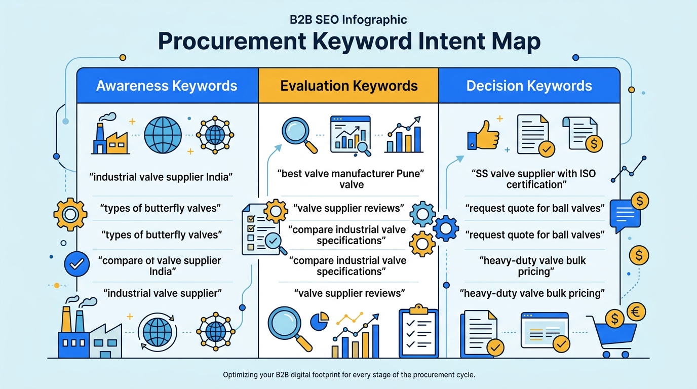 Procurement keyword intent map showing awareness, evaluation, and decision keywords for industrial B2B suppliers