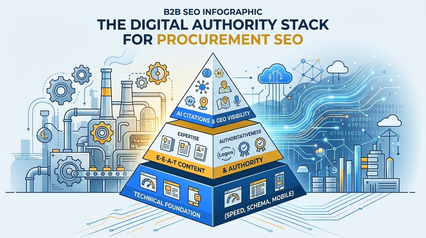 Digital authority stack pyramid showing technical foundation at base, E-E-A-T content in middle, and AI citations at top