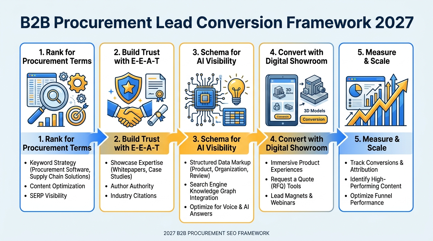 B2B procurement lead conversion framework showing five steps from ranking for procurement terms to measuring and scaling