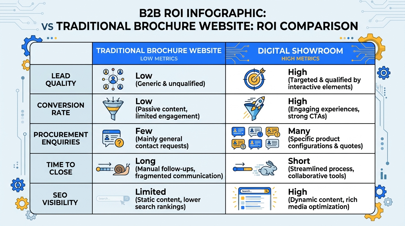 Comparison table showing Digital Showroom vs Traditional Brochure Website across five ROI metrics: lead quality, conversion rate, procurement enquiries, time to close, and SEO visibility