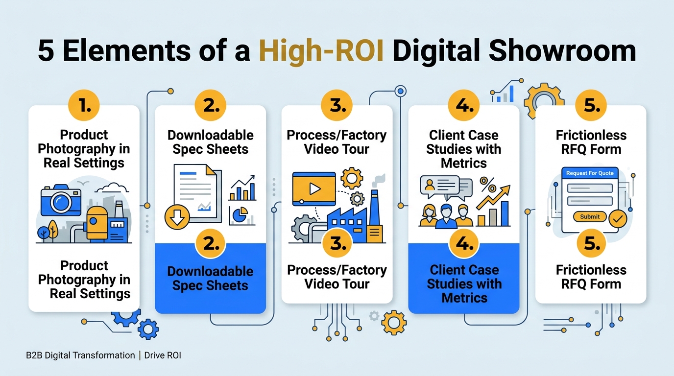 Five elements of a high-ROI digital showroom: product photography, downloadable spec sheets, factory video tour, client case studies, and frictionless RFQ form
