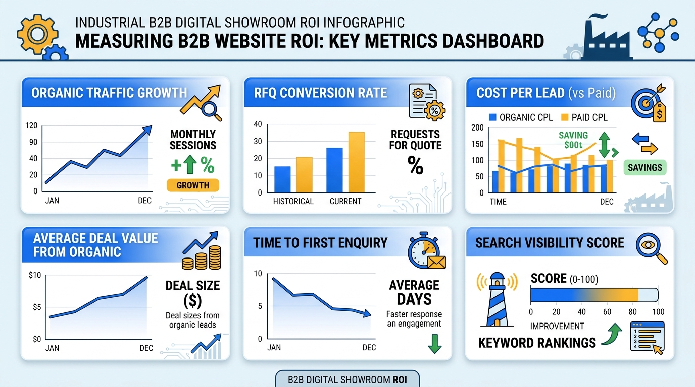 B2B website ROI metrics dashboard showing six KPI cards: organic traffic growth, RFQ conversion rate, cost per lead, average deal value from organic, time to first enquiry, and search visibility score