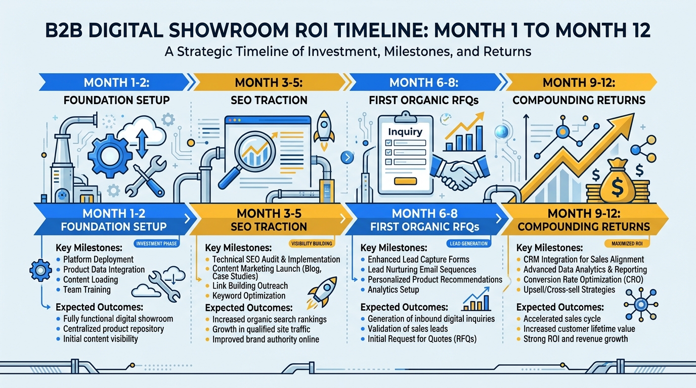 B2B digital showroom ROI timeline from month 1 to month 12 showing four phases: foundation setup, SEO traction, first organic RFQs, and compounding returns