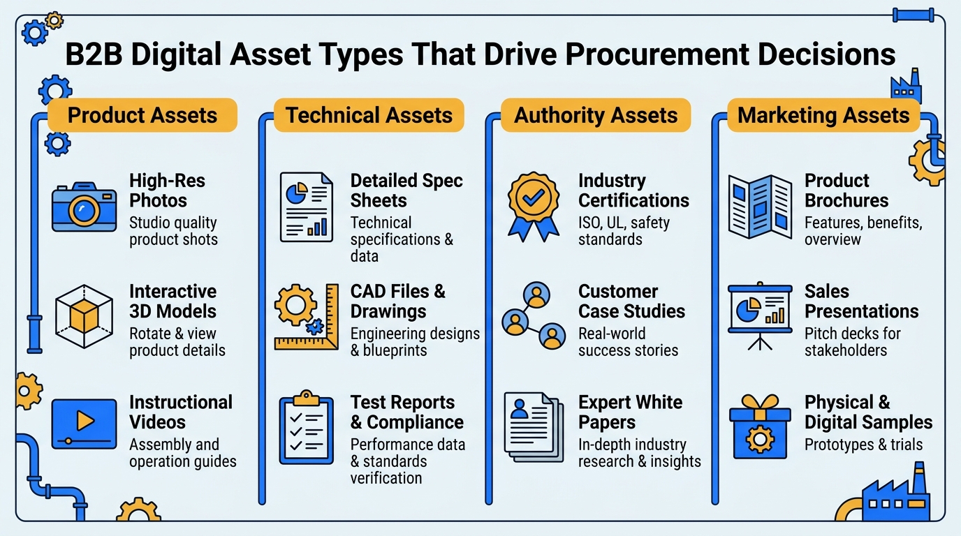 Grid showing four B2B digital asset categories that drive procurement decisions: Product Assets, Technical Assets, Authority Assets, and Marketing Assets with specific examples