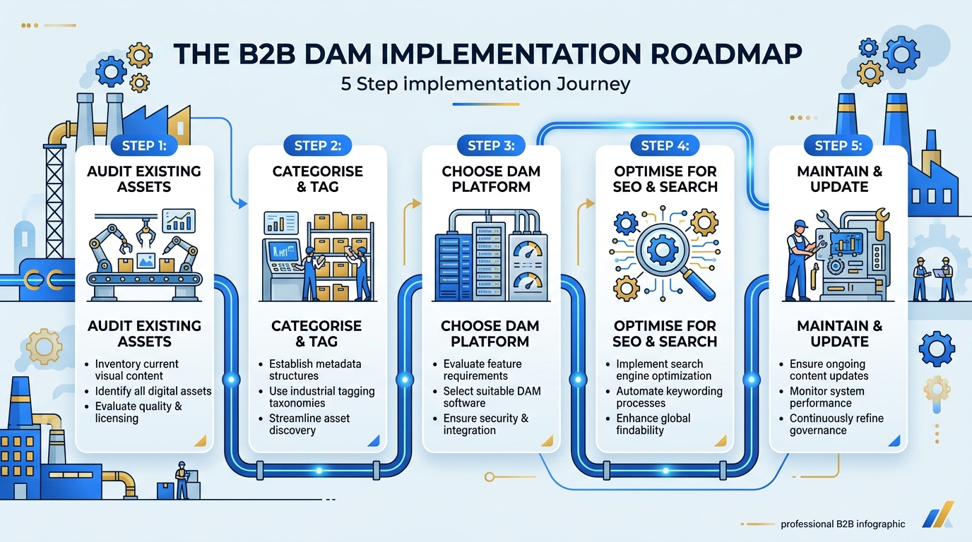 Five-step B2B DAM implementation roadmap showing: audit existing assets, categorise and tag, choose DAM platform, optimise for SEO and search, maintain and update