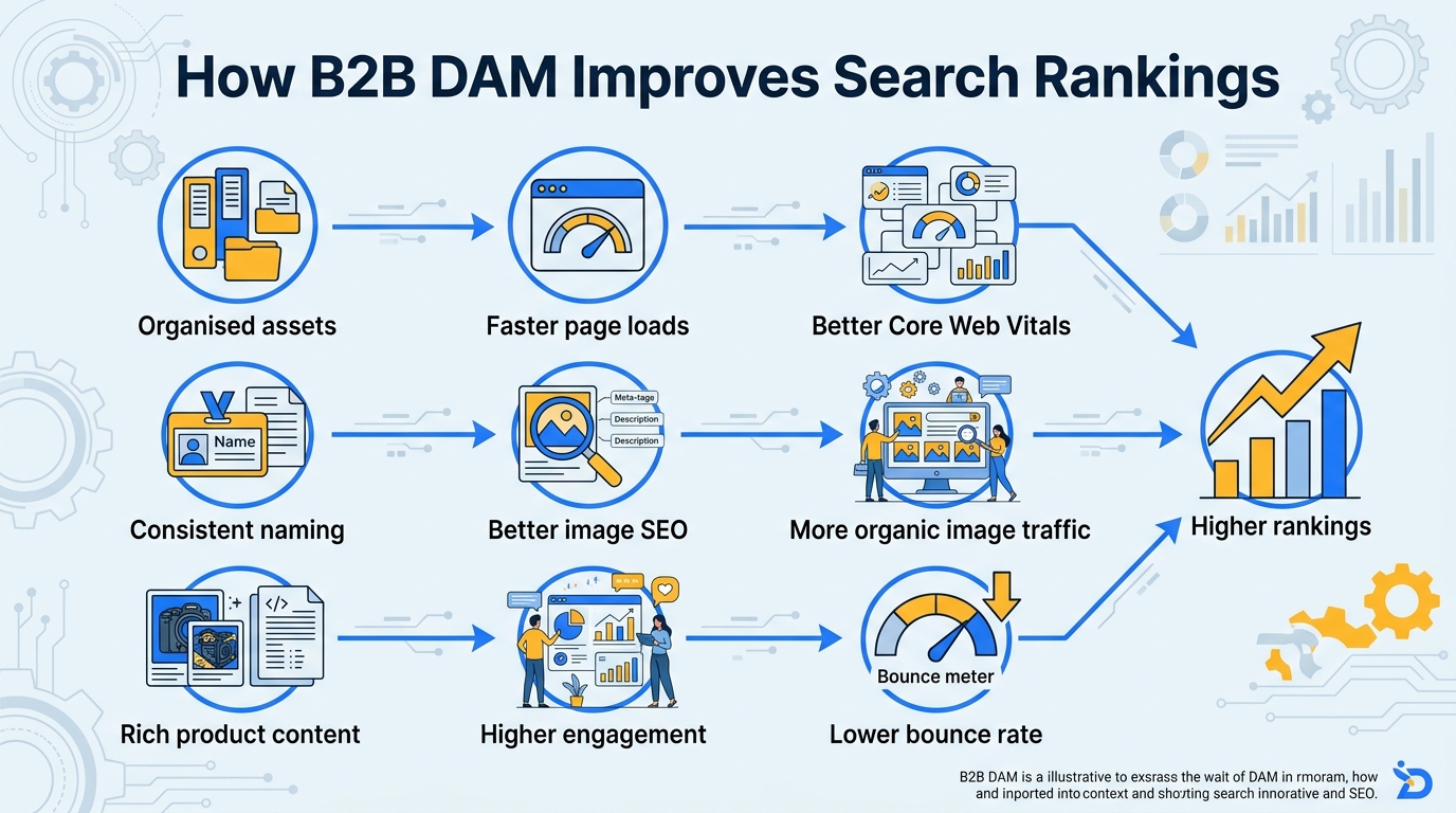 Flow diagram showing three pathways from DAM to higher search rankings: organised assets to faster page loads to better Core Web Vitals, consistent naming to better image SEO to more traffic, rich content to higher engagement to lower bounce rate