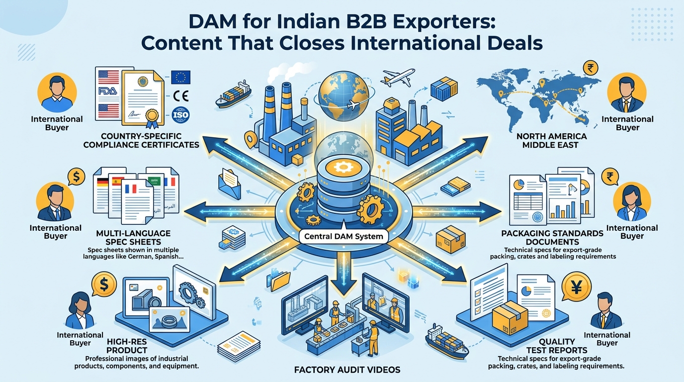 Hub-and-spoke diagram showing central DAM system distributing six types of content to international buyers: compliance certificates, multi-language spec sheets, product photography, factory audit videos, quality test reports, and packaging standards