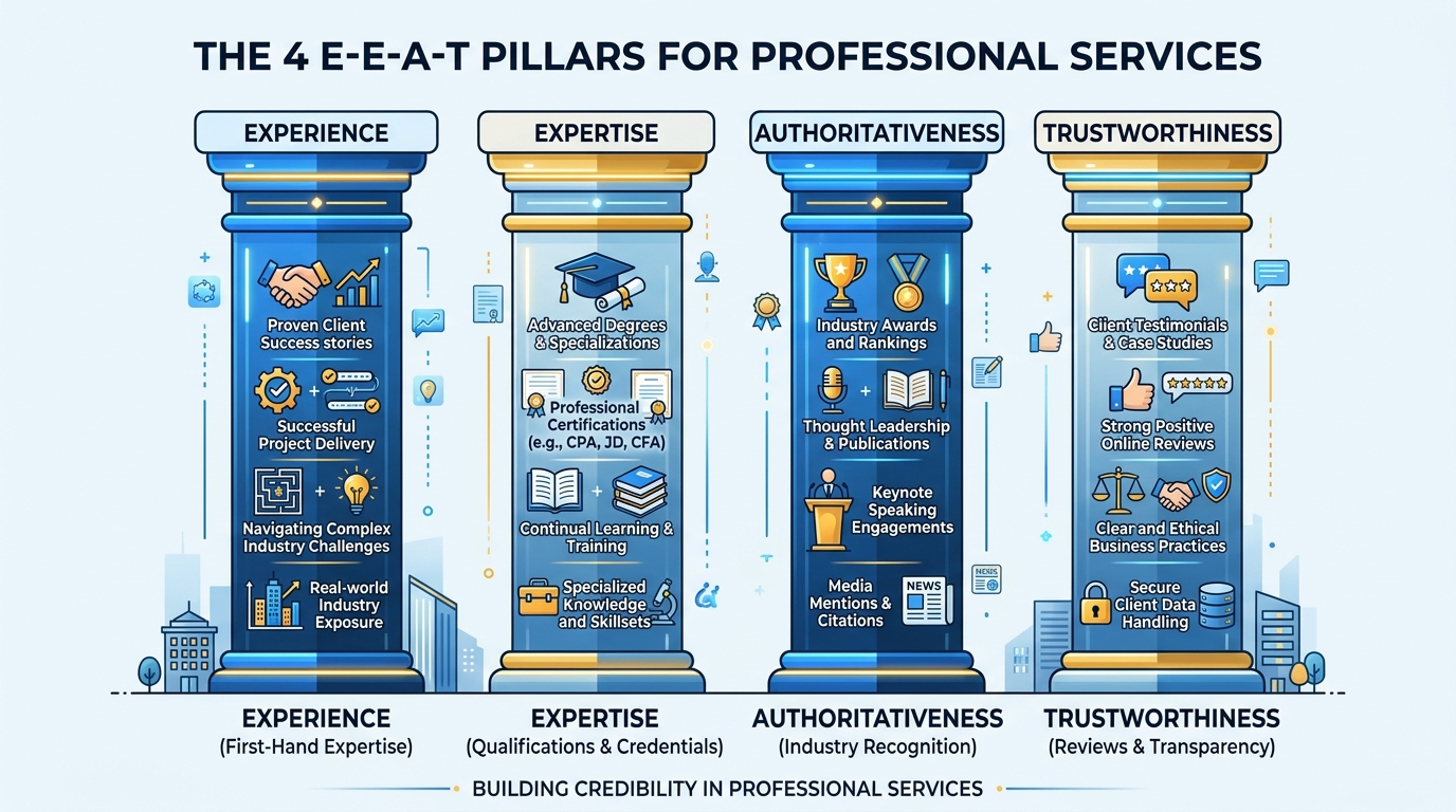 The four E-E-A-T pillars for professional services: Experience, Expertise, Authoritativeness, and Trustworthiness shown as four columns with examples for each