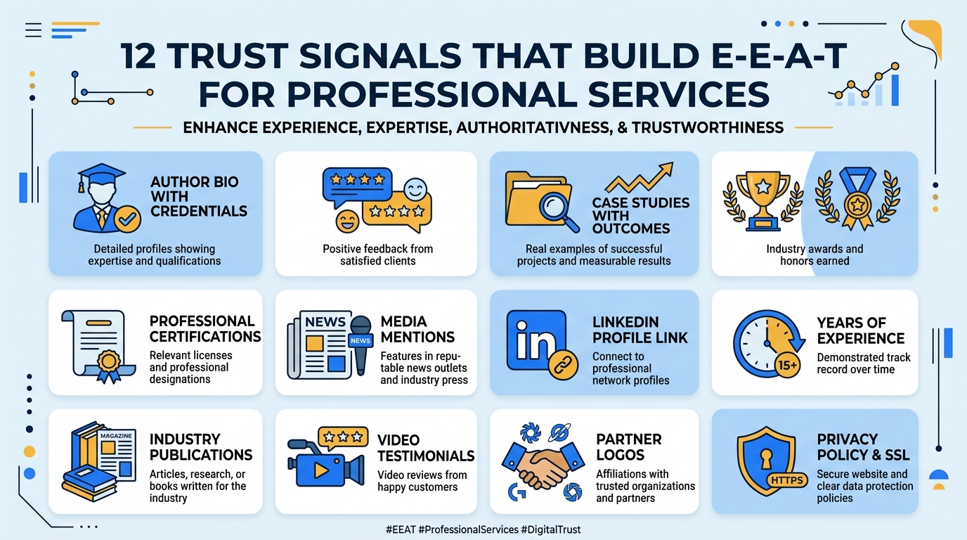 12 trust signals that build E-E-A-T for professional services firms shown in a grid layout
