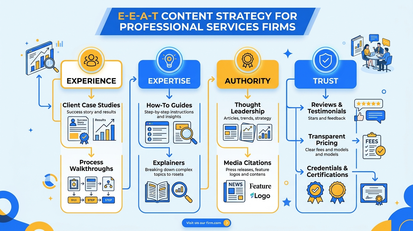 E-E-A-T content strategy map showing which content types build which E-E-A-T pillars for professional services firms