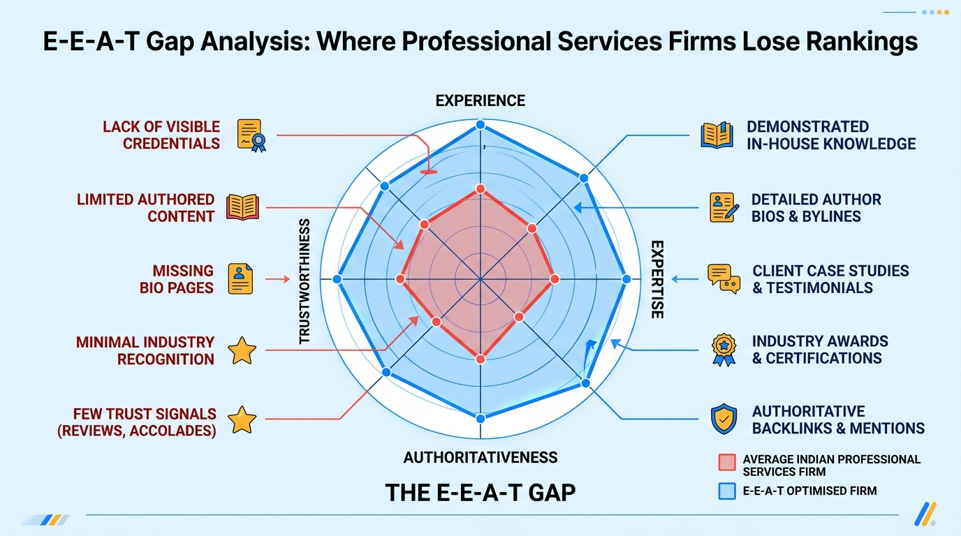 Radar chart showing E-E-A-T gap analysis between average Indian professional services firm and E-E-A-T optimised firm across four pillars