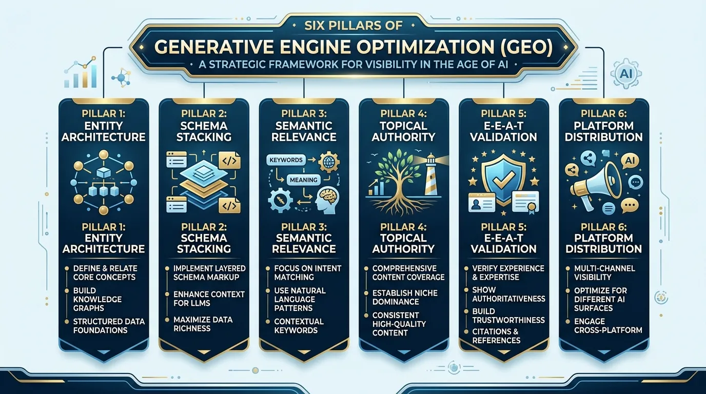 Infographic displaying the six pillars of Generative Engine Optimization (GEO).