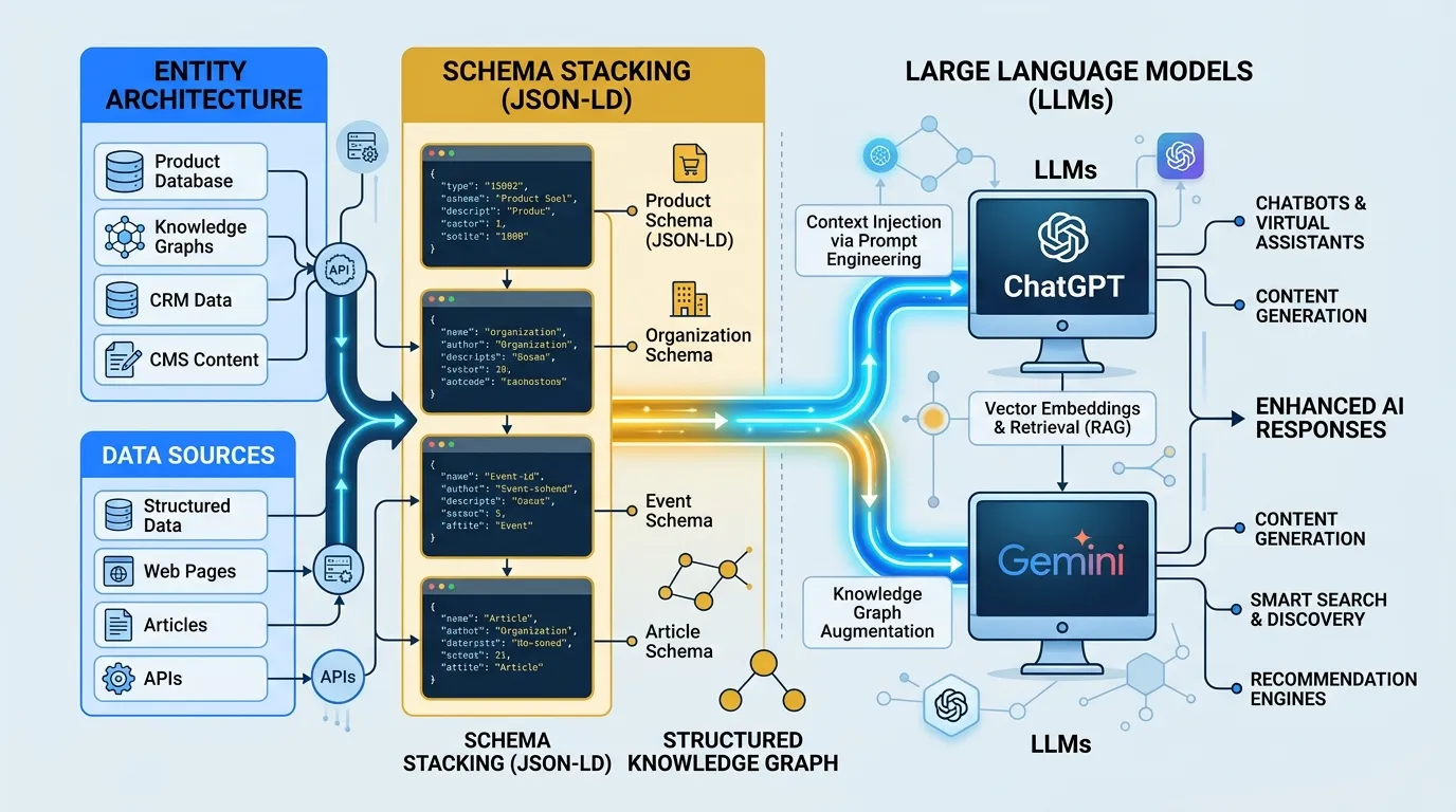 Technical diagram showing how Entity Architecture and Schema Stacking feed LLMs.