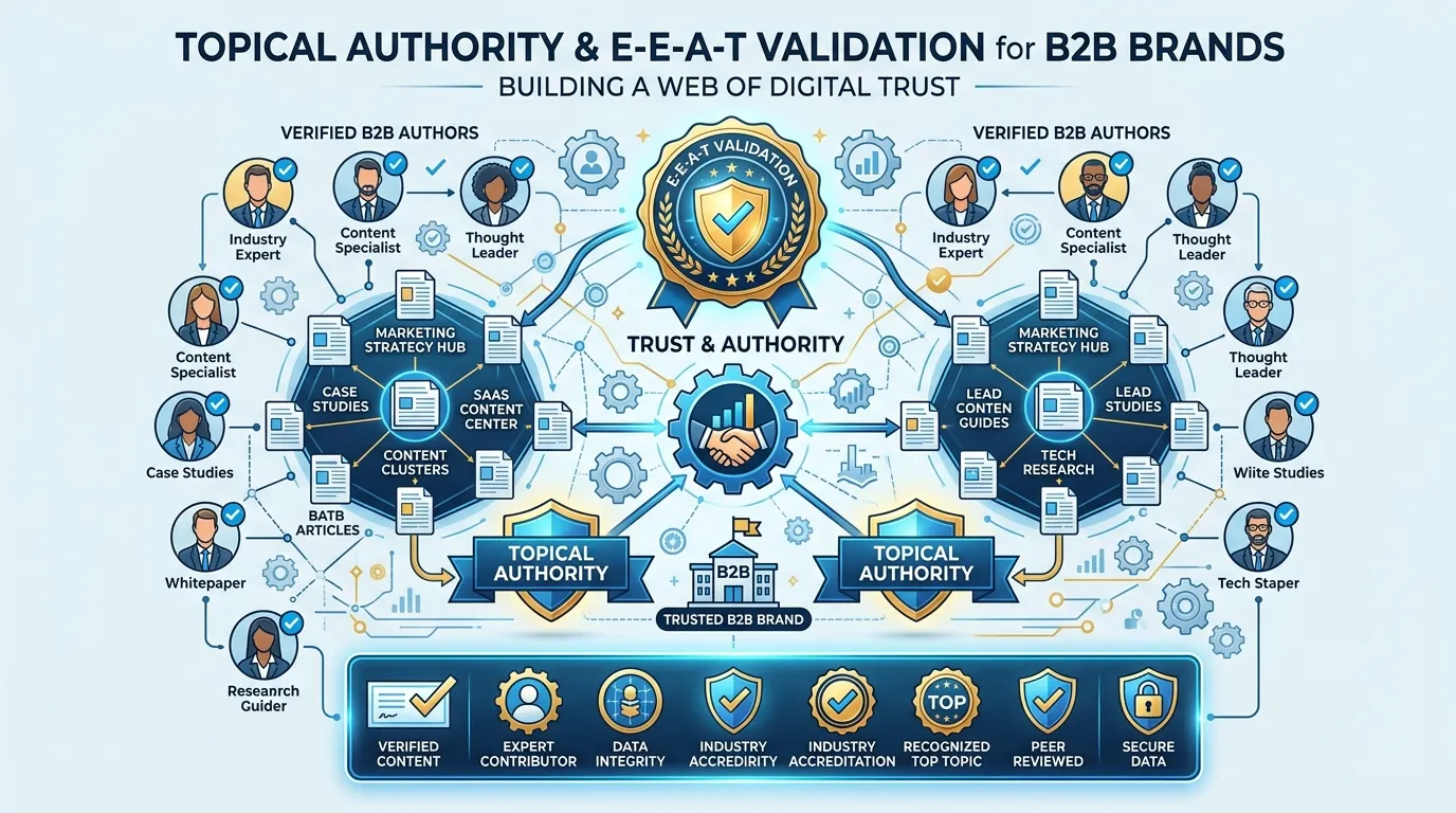 Conceptual illustration representing Topical Authority and E-E-A-T validation for B2B brands.