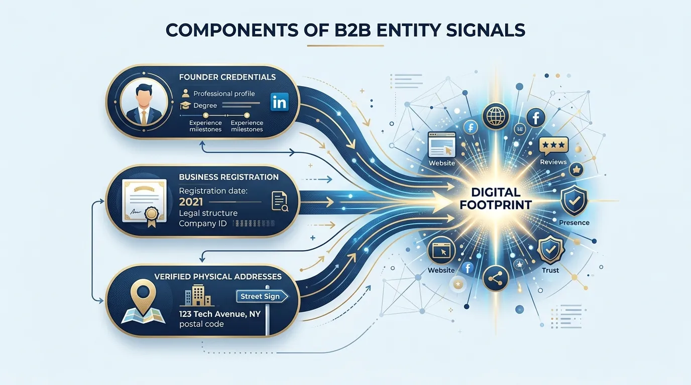 Infographic showing the components of B2B Entity Signals: founder credentials, business registration, and verified physical addresses converging into a digital footprint.