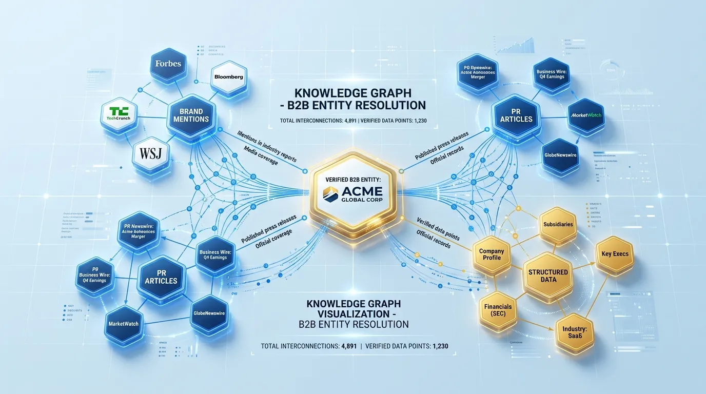 Visualization of a B2B Knowledge Graph, showing interconnected nodes of brand mentions, PR articles, and structured data forming a verified entity.
