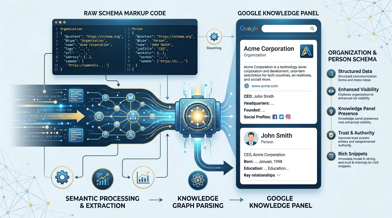 Infographic representing Organization and Person schema markup transforming into a structured Google Knowledge Panel.