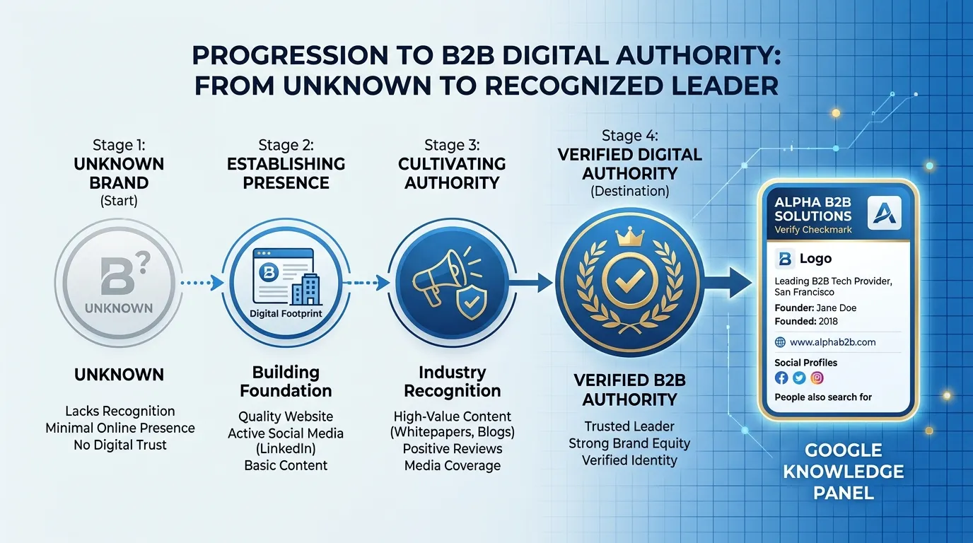 Diagram showing the progression of a B2B brand from unknown to a verified digital authority with a Knowledge Panel.