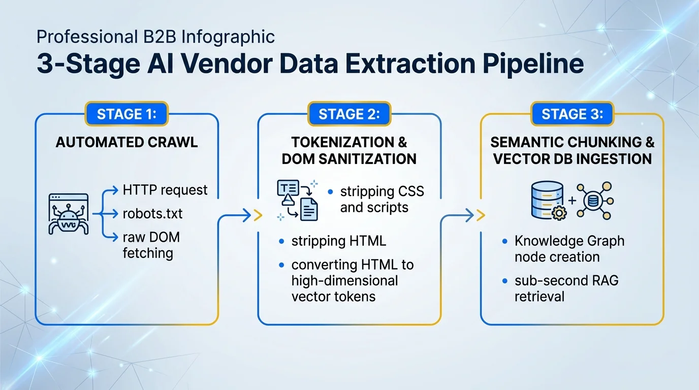 3-Stage AI Vendor Data Extraction Pipeline: Stage 1 Automated Crawl, Stage 2 Tokenization and DOM Sanitization, Stage 3 Semantic Chunking and Vector DB Ingestion