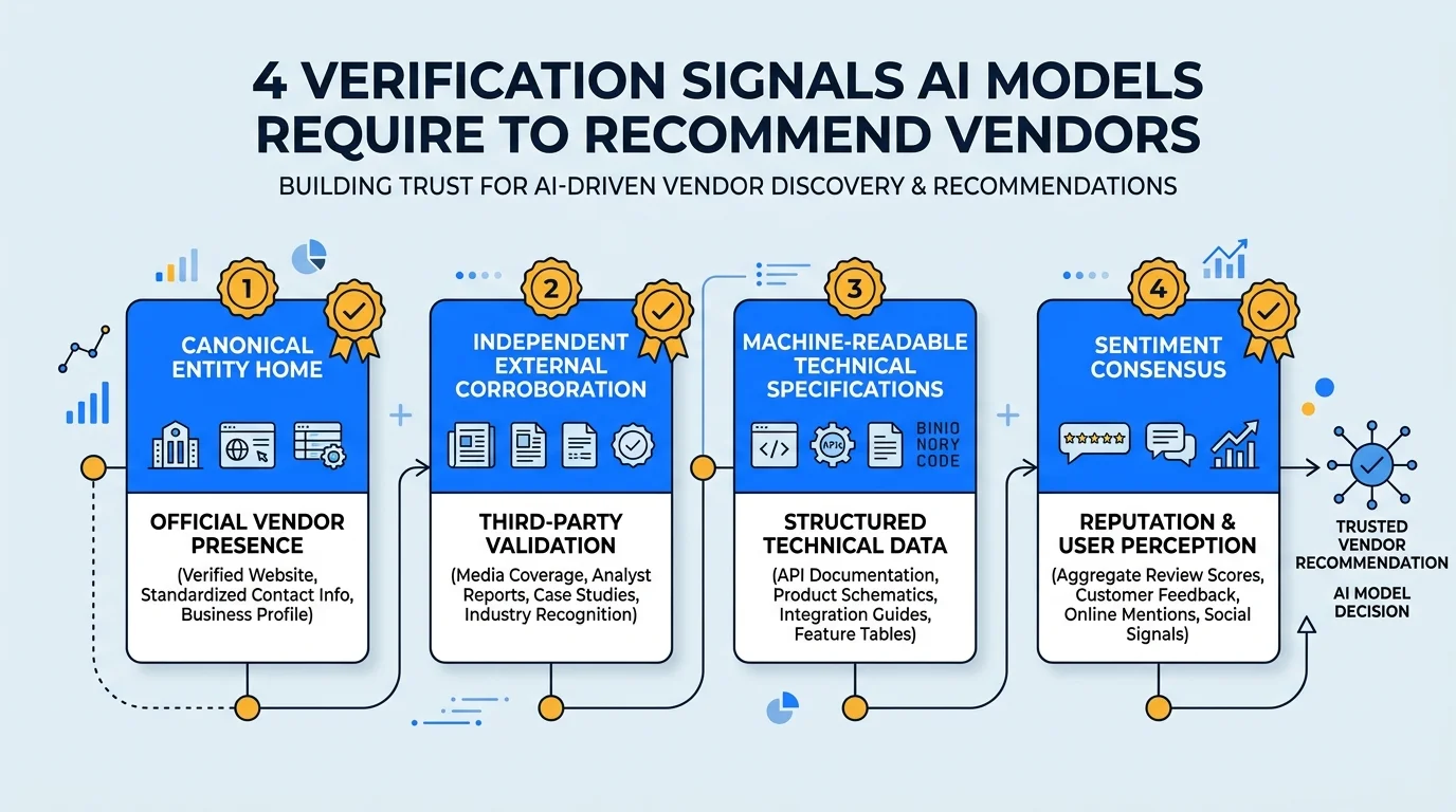 4 Verification Signals AI Models Require to Recommend Vendors: Canonical Entity Home, Independent External Corroboration, Machine-Readable Technical Specifications, and Sentiment Consensus