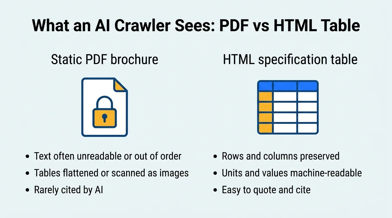 Comparison of what an AI crawler sees in a static PDF brochure versus an HTML specification table