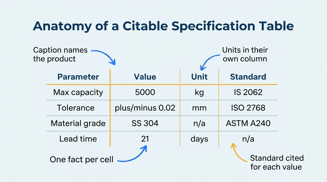 Annotated sample specification table showing caption, one fact per cell, units column and standard cited for each value