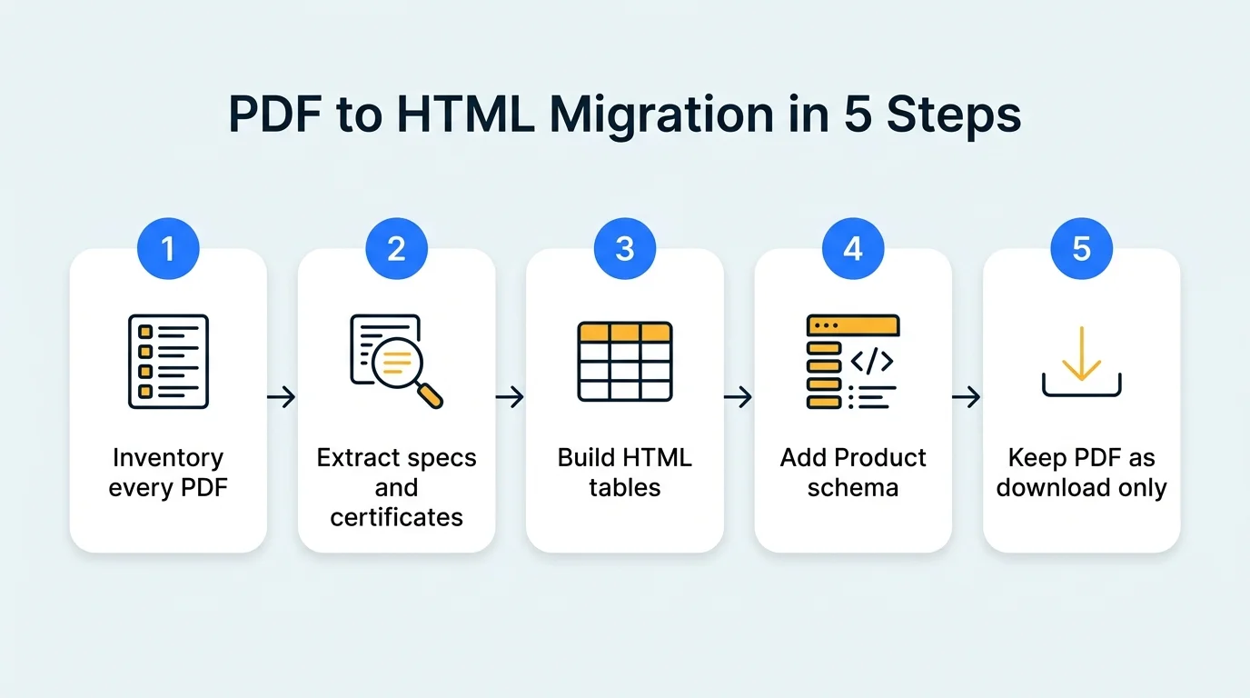 Five-step PDF to HTML migration: inventory PDFs, extract specs, build HTML tables, add Product schema, keep PDF as download only