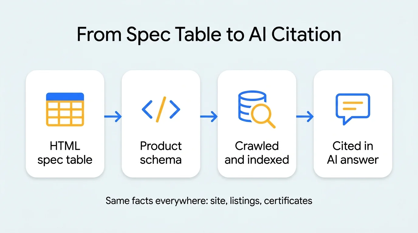 Pipeline from an HTML specification table through Product schema and crawling to citation in an AI answer